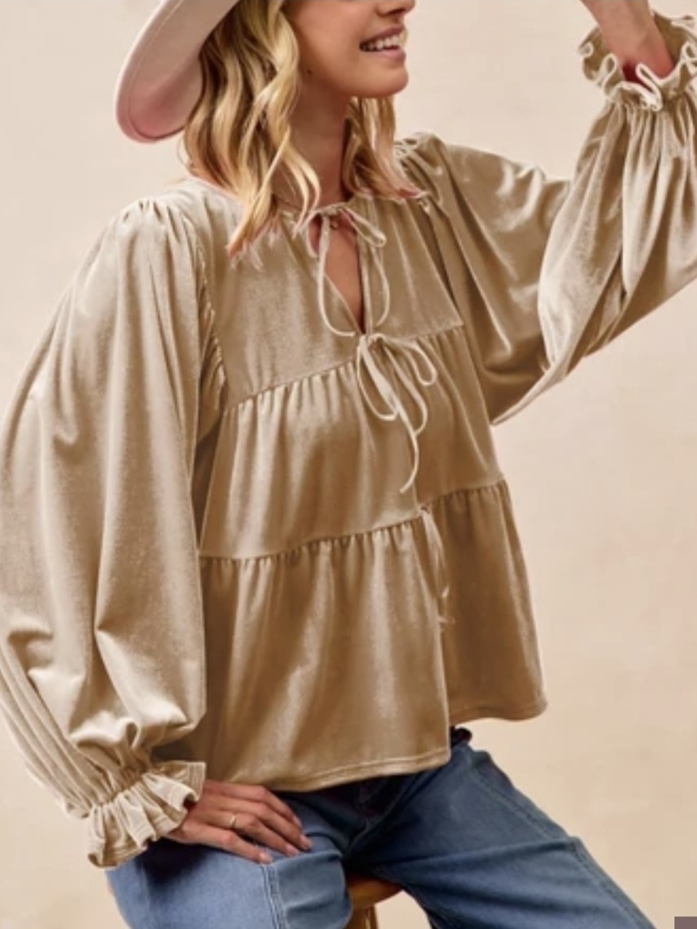 BiBi Velvet Bow Tie Tiered Top in Champagne Sz M
